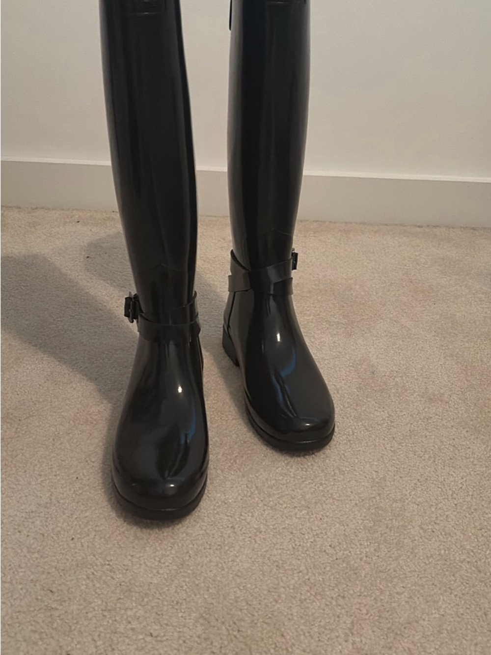 Hunter Black Gloss Over-the-Knee Rain Boots with Buckle